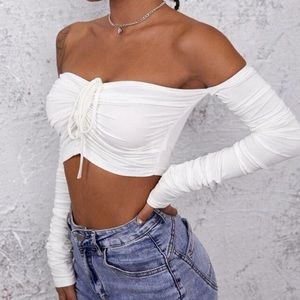 Ruched Drawstring Off-the-Shoulder Crop Top